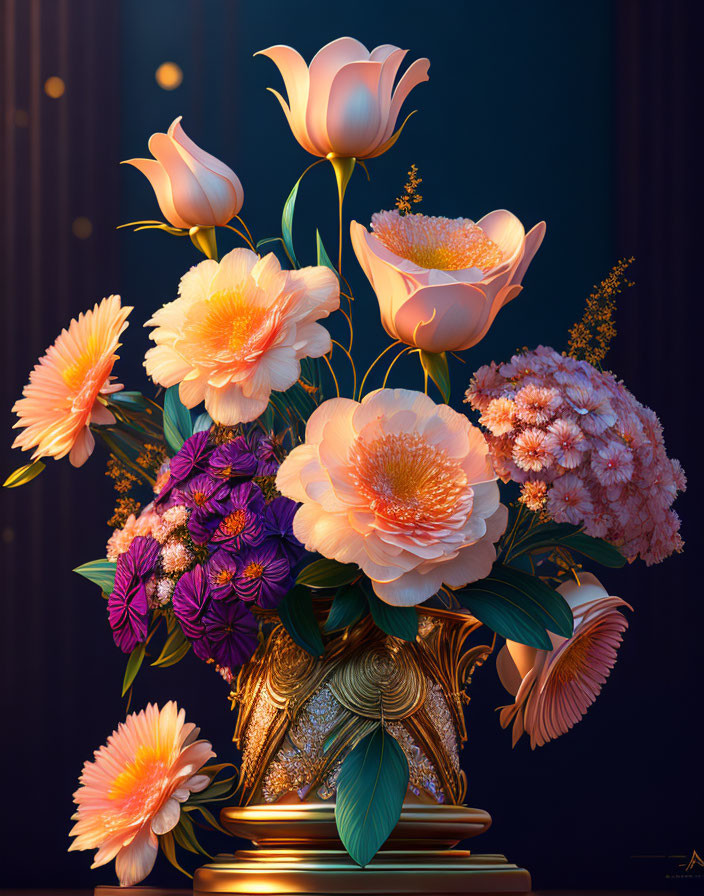 Gold Vase with Illustrated Peach Roses and Purple Blooms on Dark Blue Background