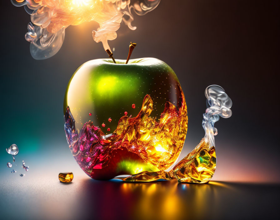 Vibrant green apple with colorful liquid splash and smoke on dark background