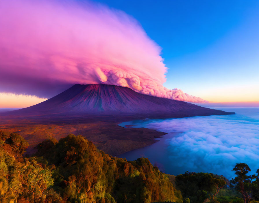 Majestic volcano emitting smoke under pink and blue sky