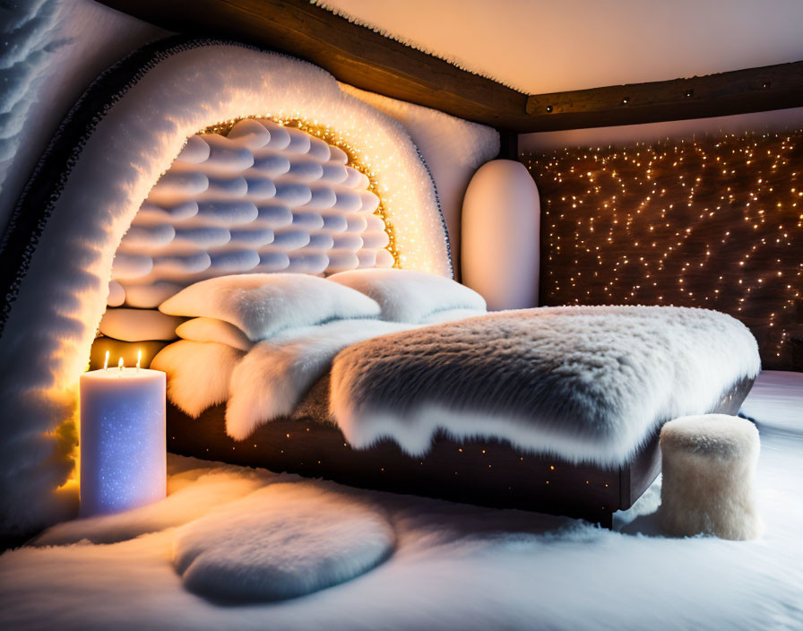 Cozy Bedroom with Plush Bed, White Fur Blankets & Fairy Lights