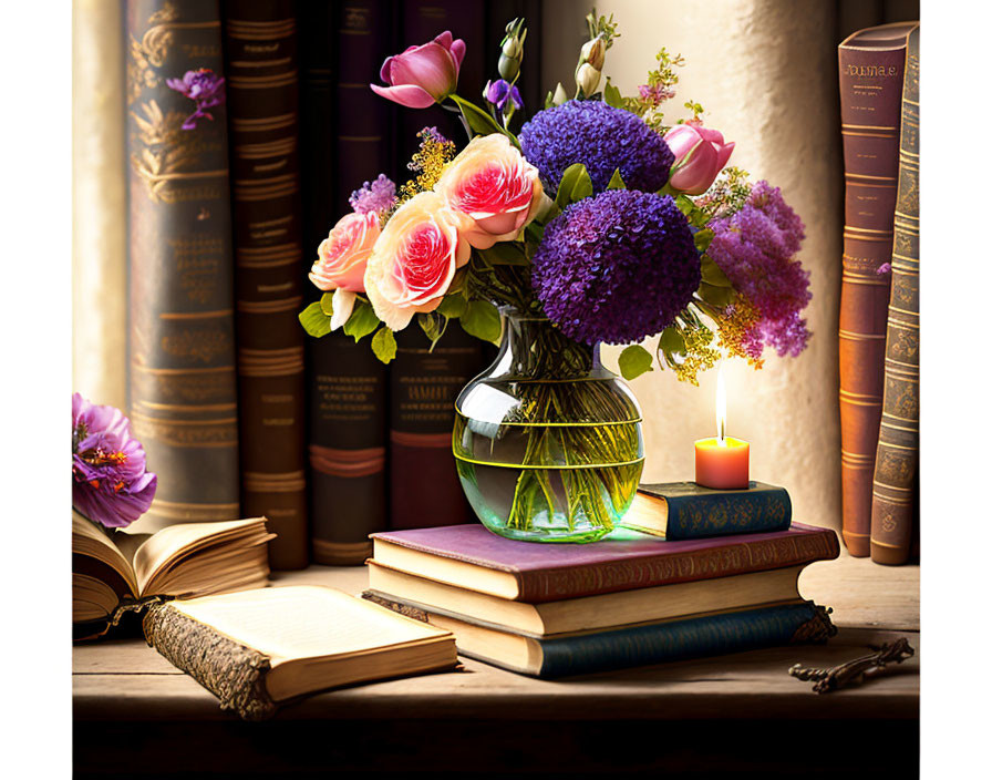 Vibrant flower bouquet on books with candle and journal on shelf.