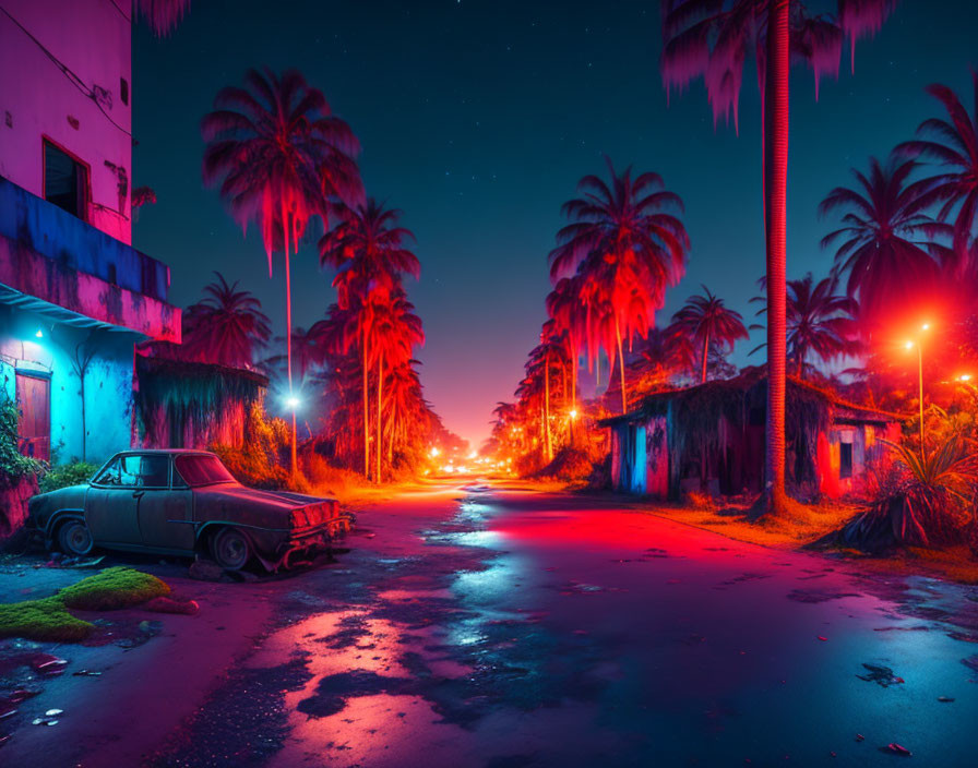 Neon-lit street at night with palm trees, old car, and starry sky.