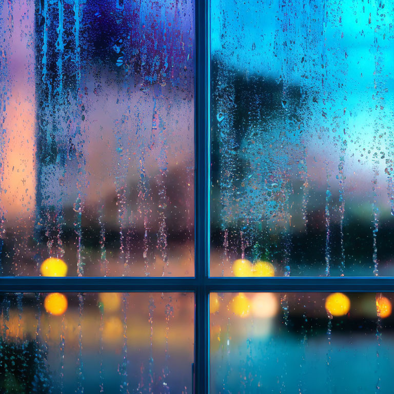 Raindrops on windowpane reveal blurred cityscape with glowing lights.