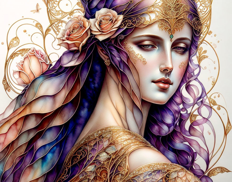 Illustrated portrait of woman with gold jewelry, purple hair, veil, roses, and butterflies