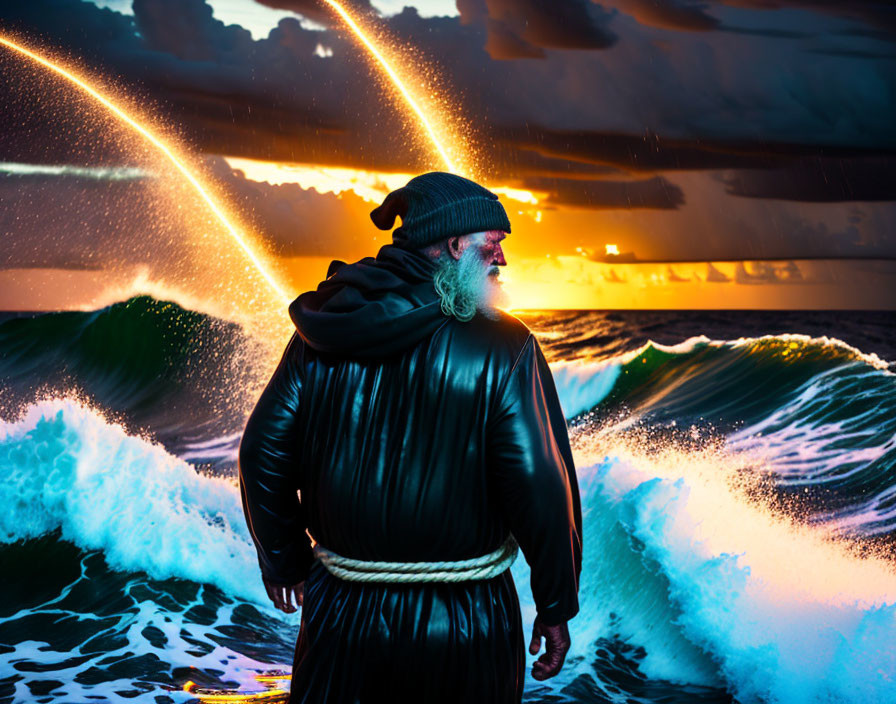 Bearded Man in Jacket Watching Ocean Sunset