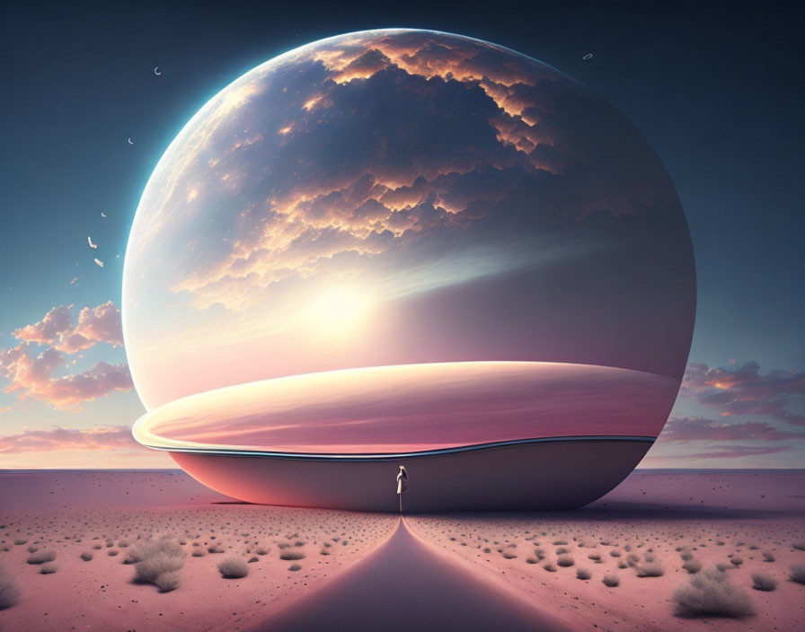 Surreal sunset sphere in desert landscape