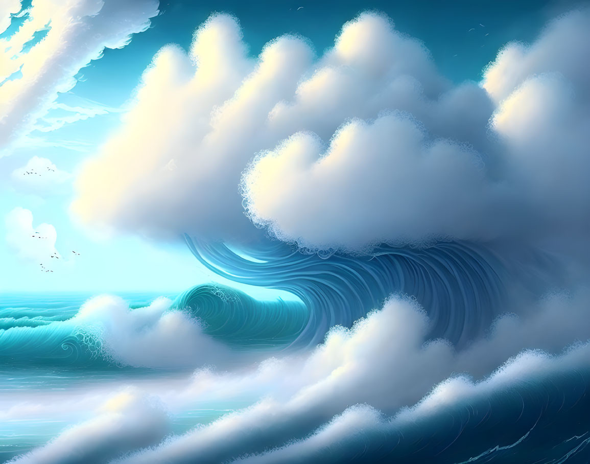 Surreal artwork: Massive wave with nautilus shell curl in bright clouds