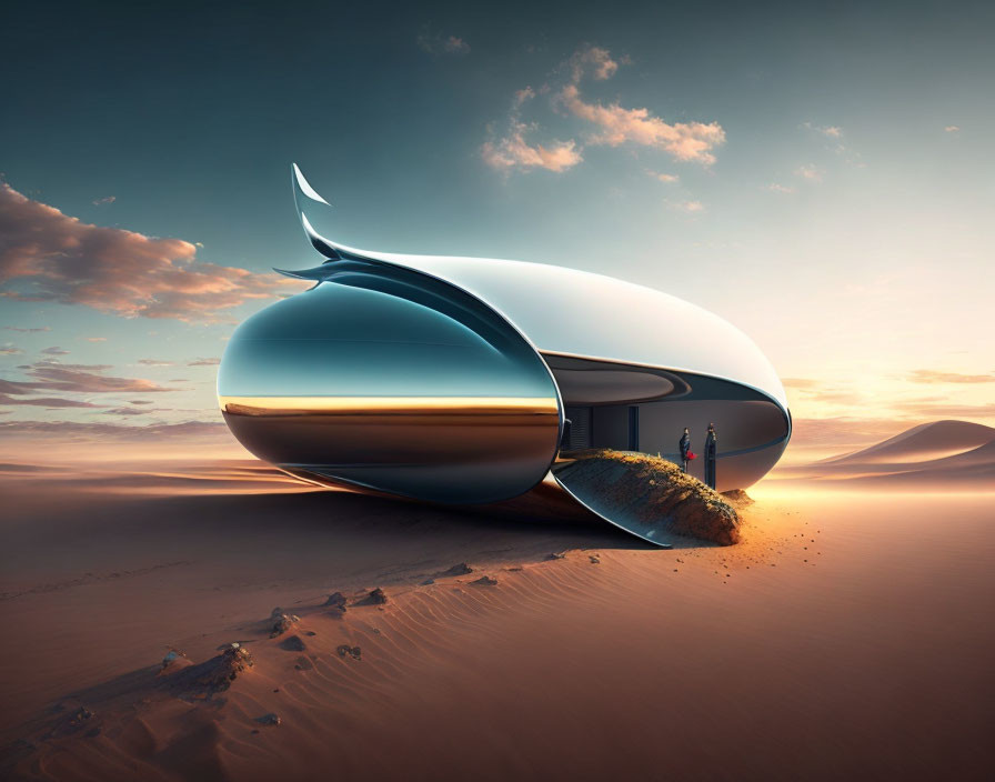 Whale-shaped desert building with person under sunset sky