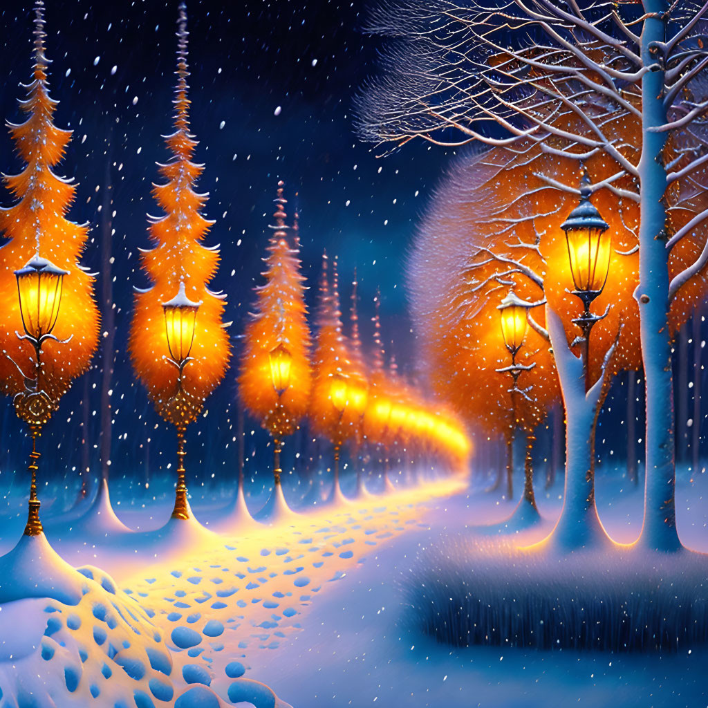 Snow-covered trees, glowing street lamps, and falling snowflakes in a magical winter scene