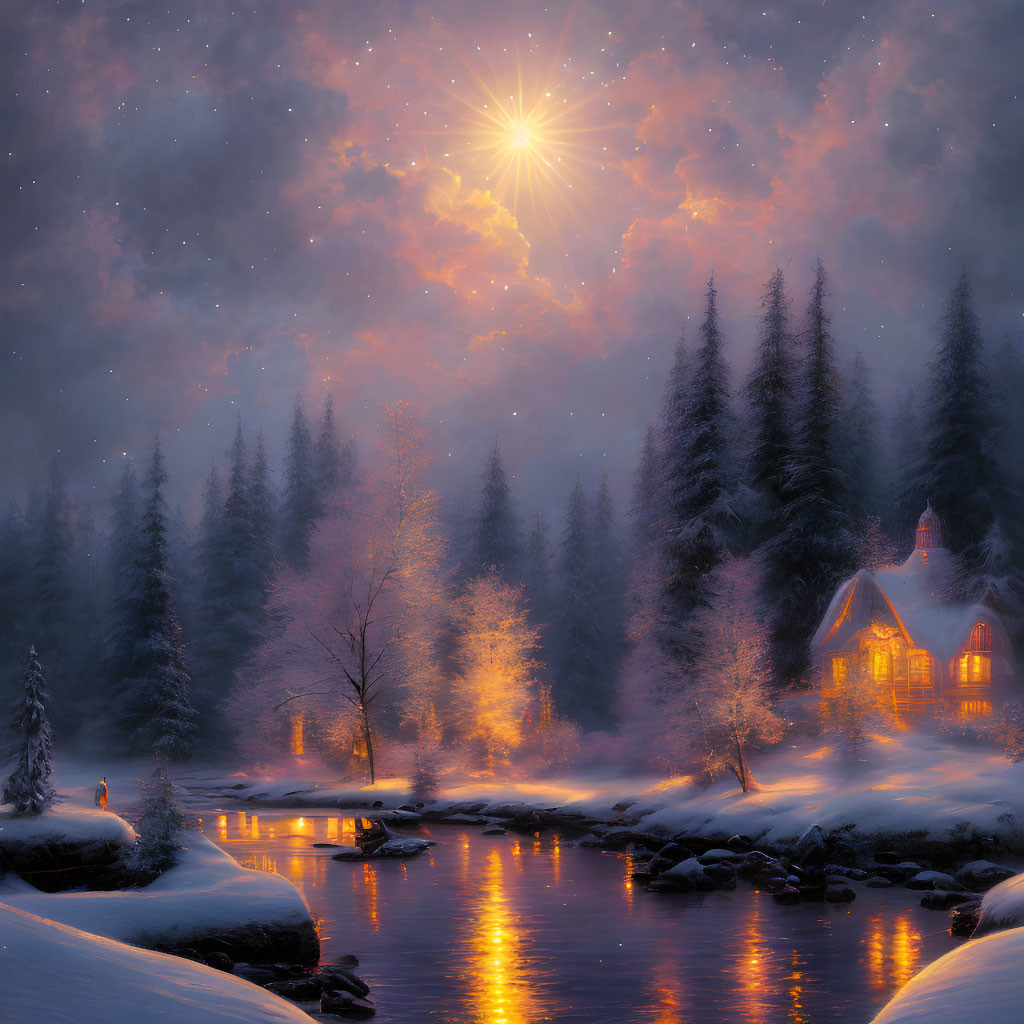 Snow-covered landscape with starlit sky and cozy cottage by river