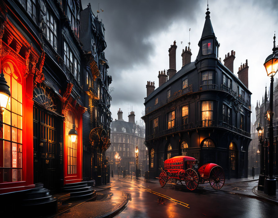 Vintage architecture and horse-drawn carriage on moody city street at twilight