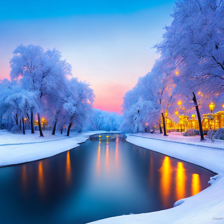 Snow-covered trees by calm river under gradient sky