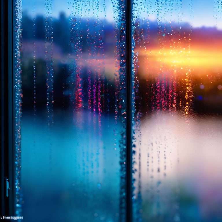 Condensation on Window with Blurred City Lights at Sunset