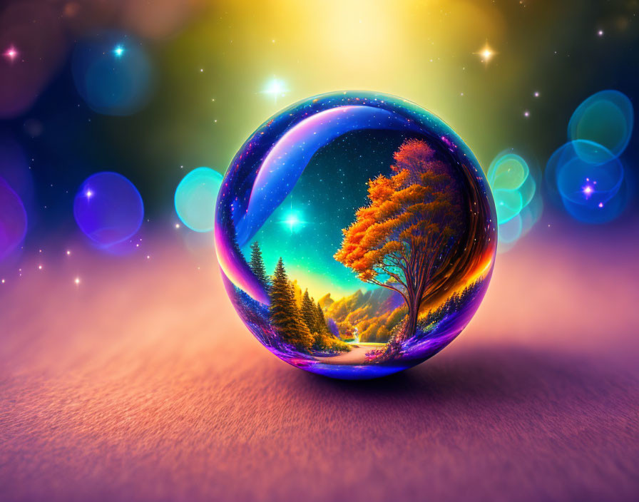 Colorful Crystal Ball Autumn Tree Scene with Glowing Orbs