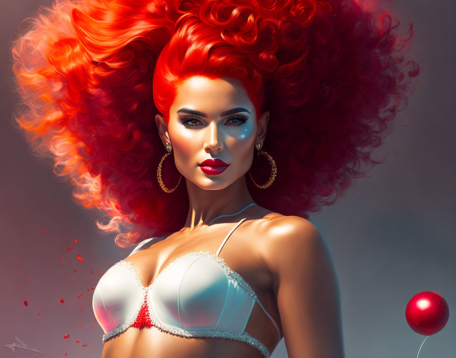 Vibrant digital artwork of woman with red hair and blue eyes in lingerie with gold earrings, red