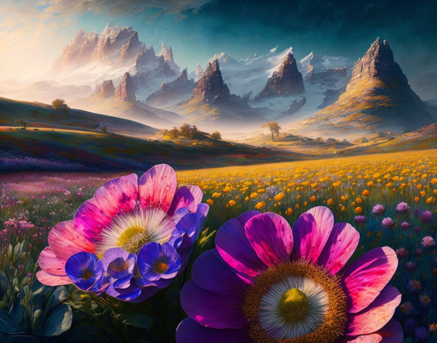 Colorful flowers and mist-covered mountains under dramatic sky