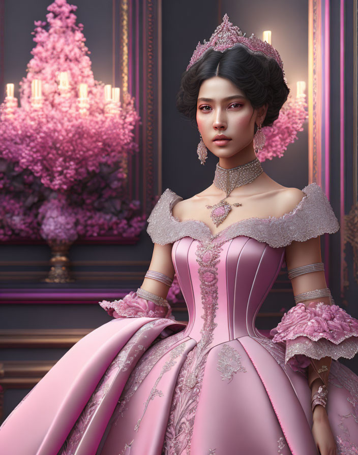 Detailed Pink Victorian Dress with Lace Accents and Pearl Necklace