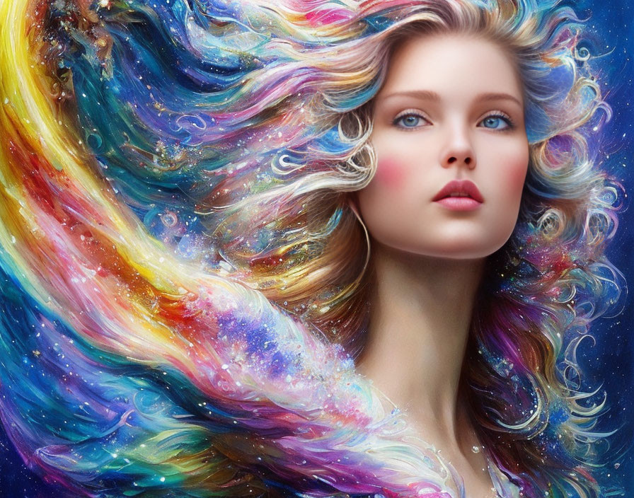 Vibrant cosmic nebula blending with woman's flowing hair