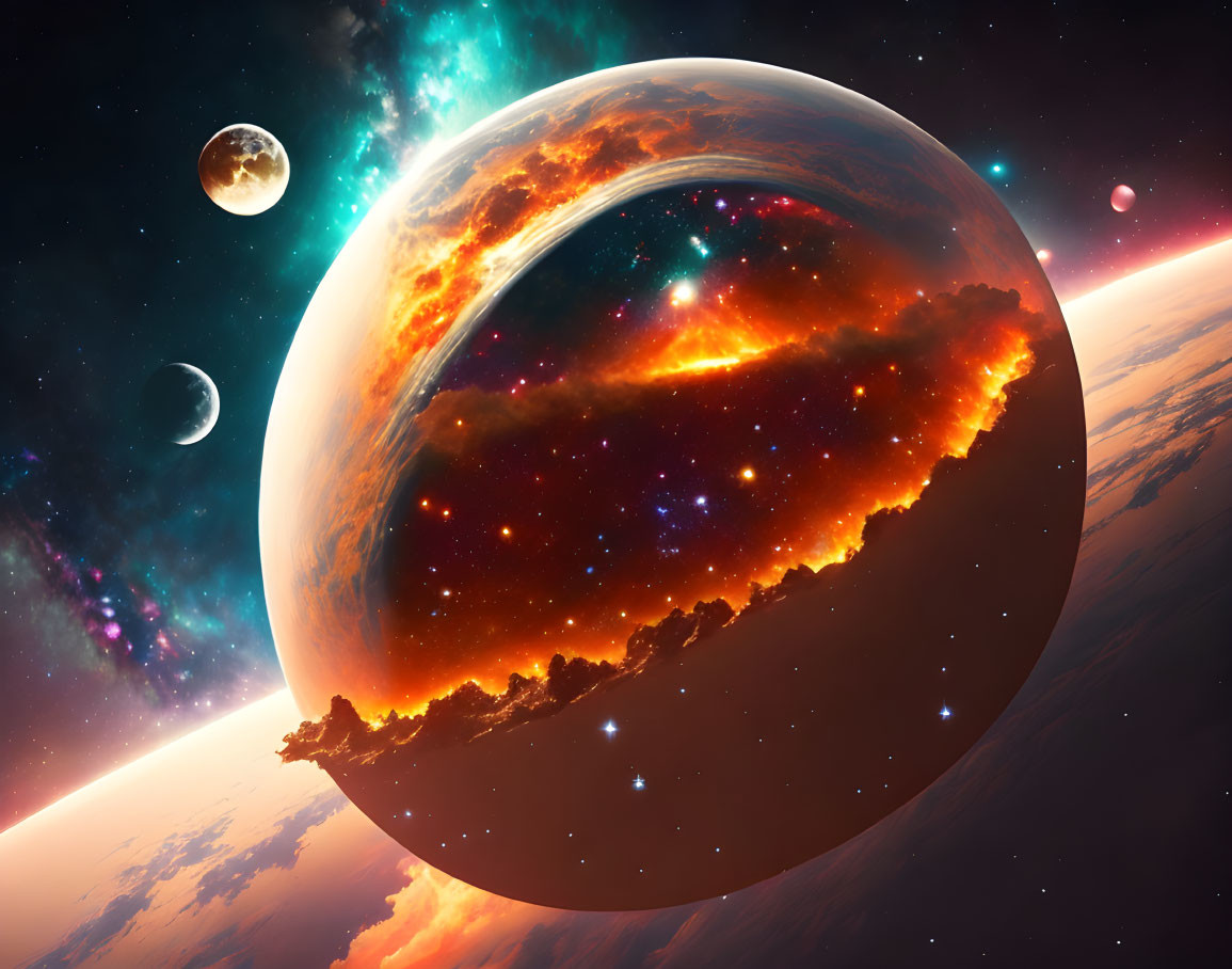 Vivid cosmic illustration of fiery planet with moons in starry space