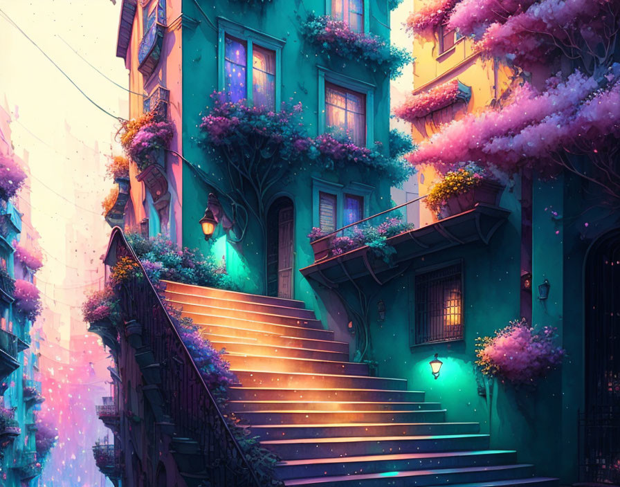 Vibrant turquoise building with pink trees and golden staircase