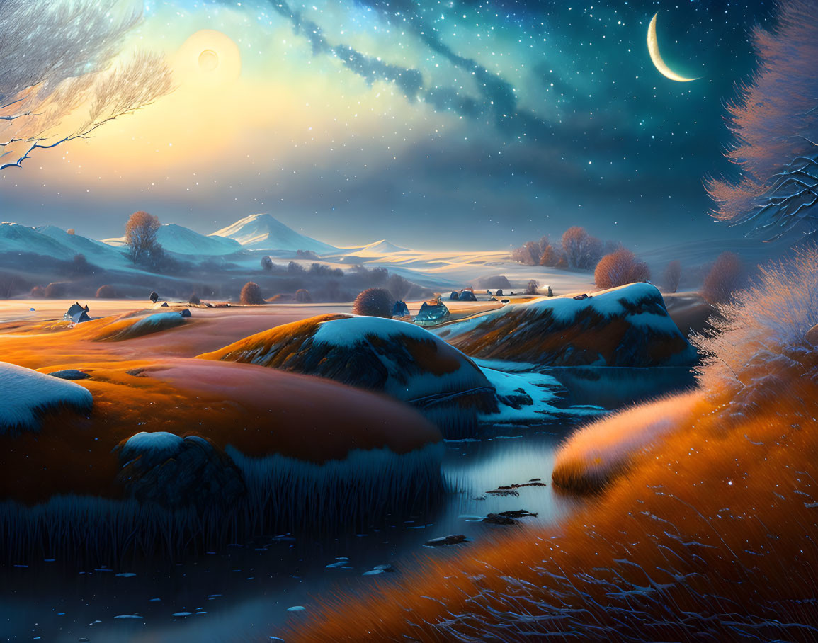 Serene fantasy landscape: orange and blue sky, crescent moon, snowy hills, icy water,