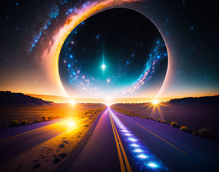 Desert Twilight: Open Road to Glowing Ring in Surreal Sky