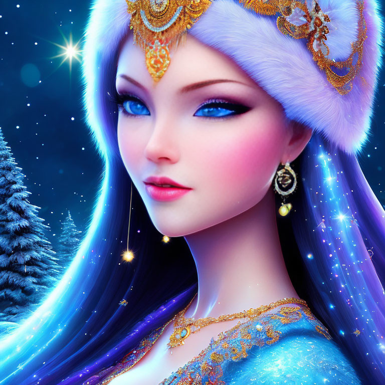 Digital artwork: Woman with blue eyes in white fur hat & blue attire on wintry, starry