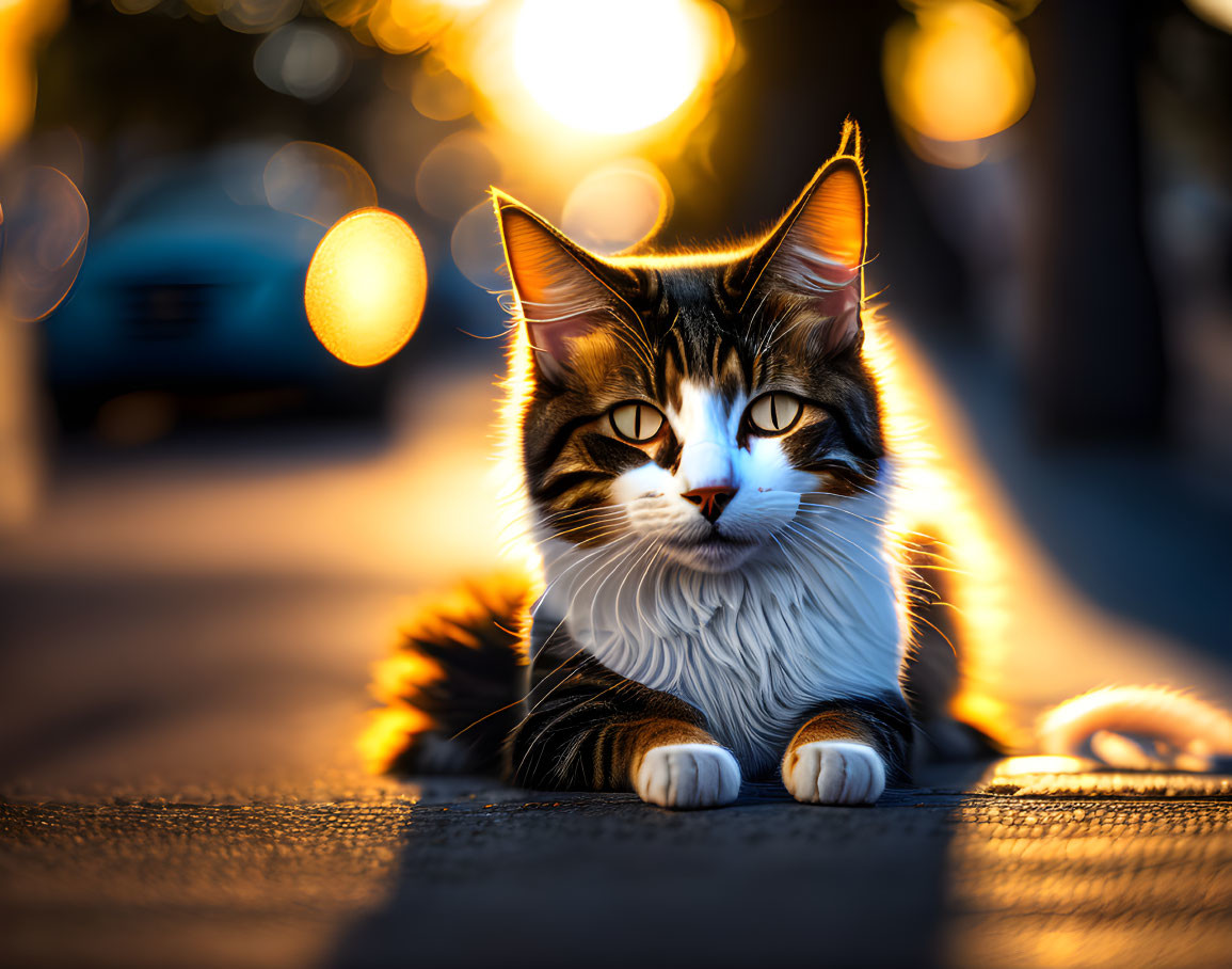 Striking Fur Patterns Cat Resting on Sunlit Street