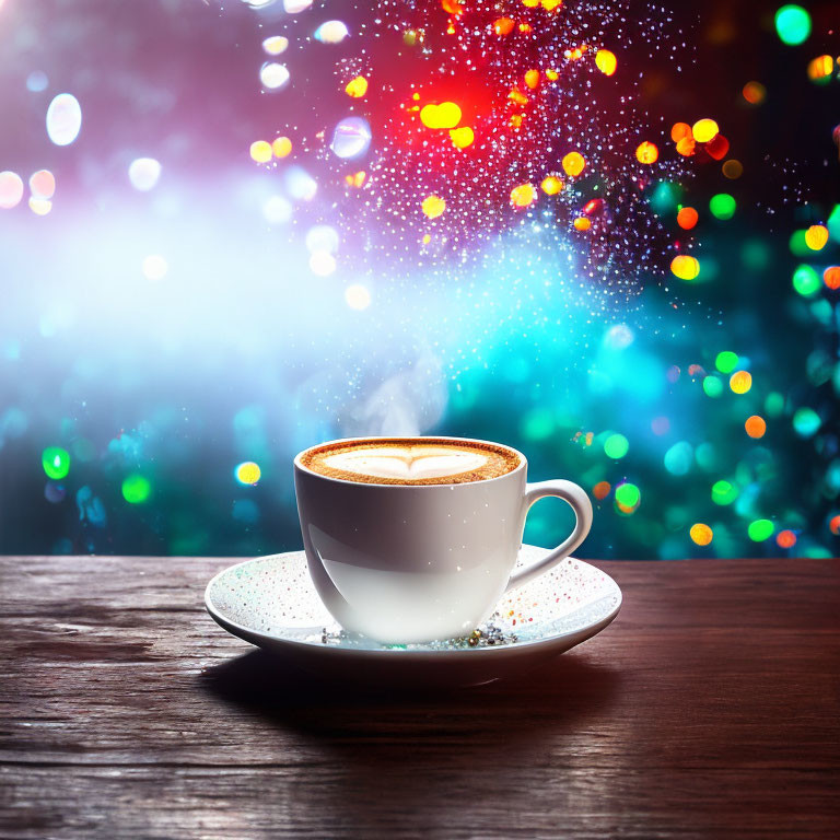 Steaming Cup of Coffee with Heart Foam on Saucer and Bokeh Background