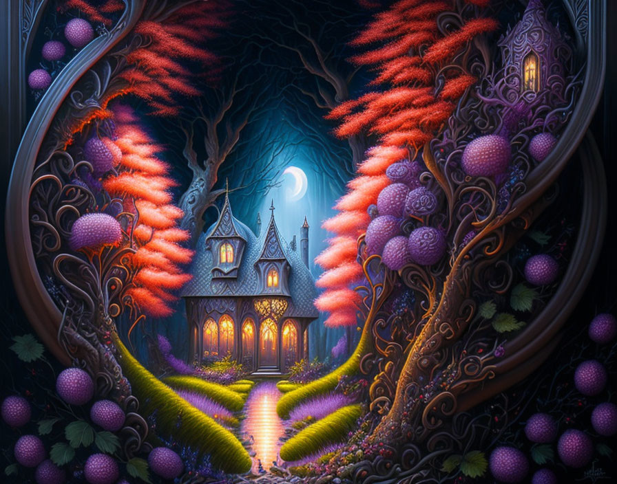 Victorian mansion in enchanted forest under full moon