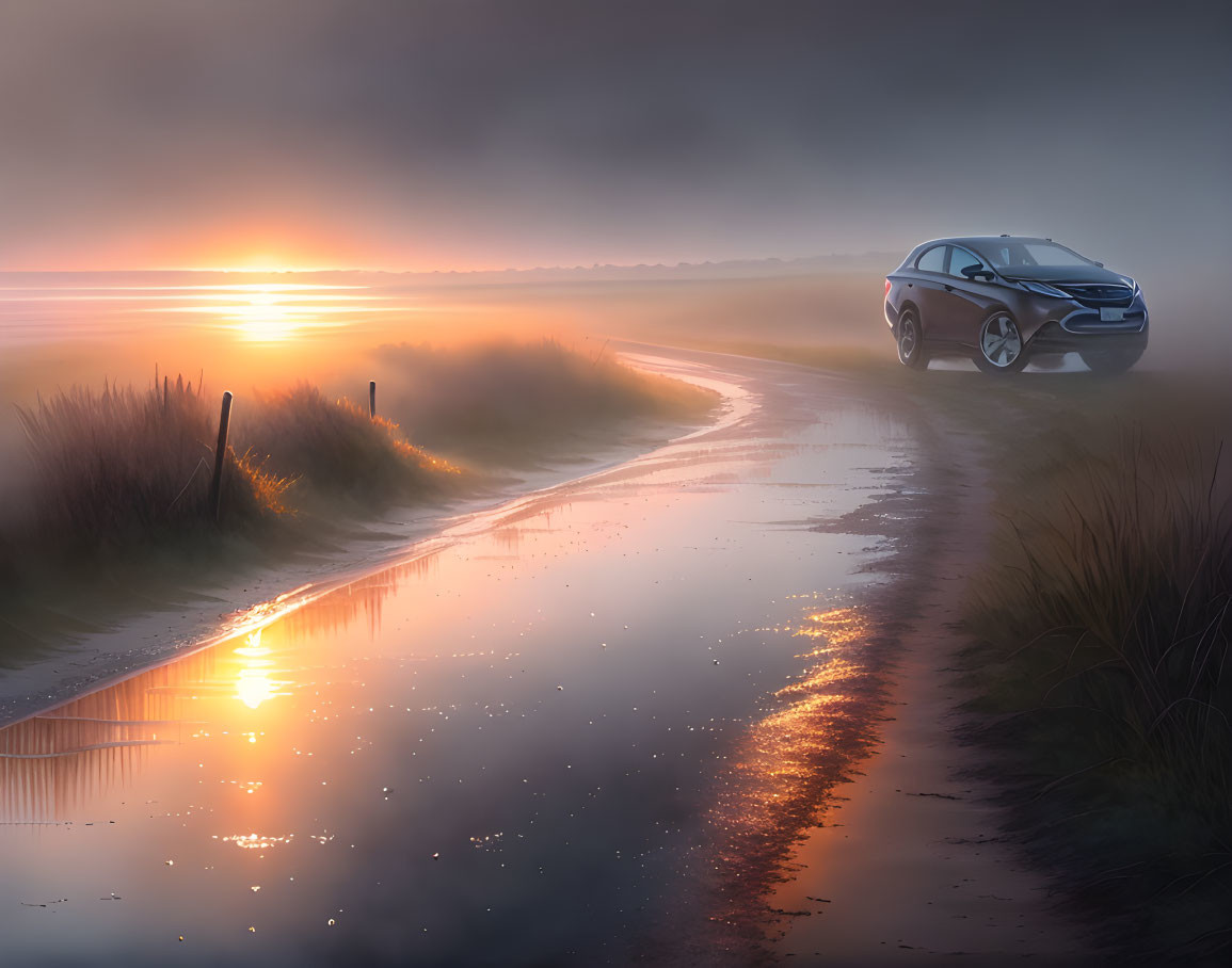 Hovering car over wet road near misty lake at sunrise.