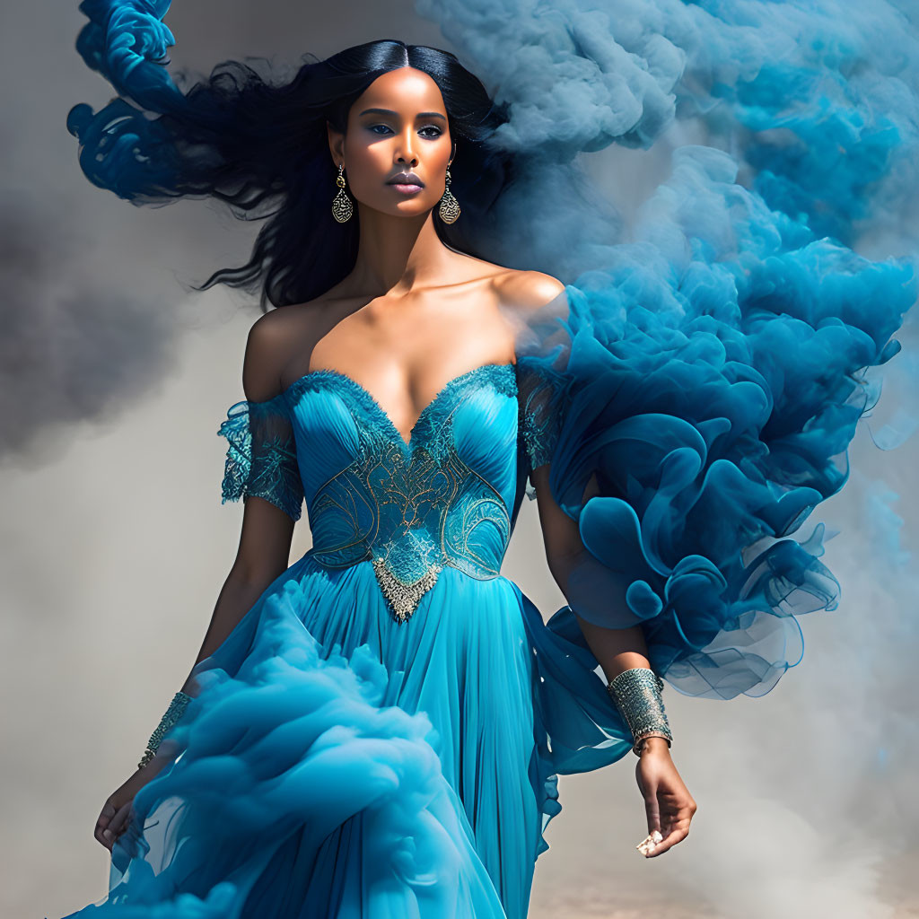 Elegant woman in blue dress surrounded by billowing smoke and flowing hair