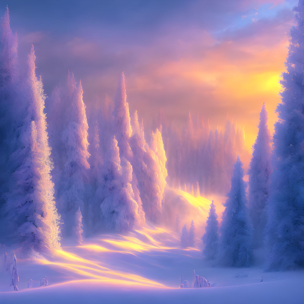 Winter scene: Snowy pine trees under pastel sky with sunlight rays.