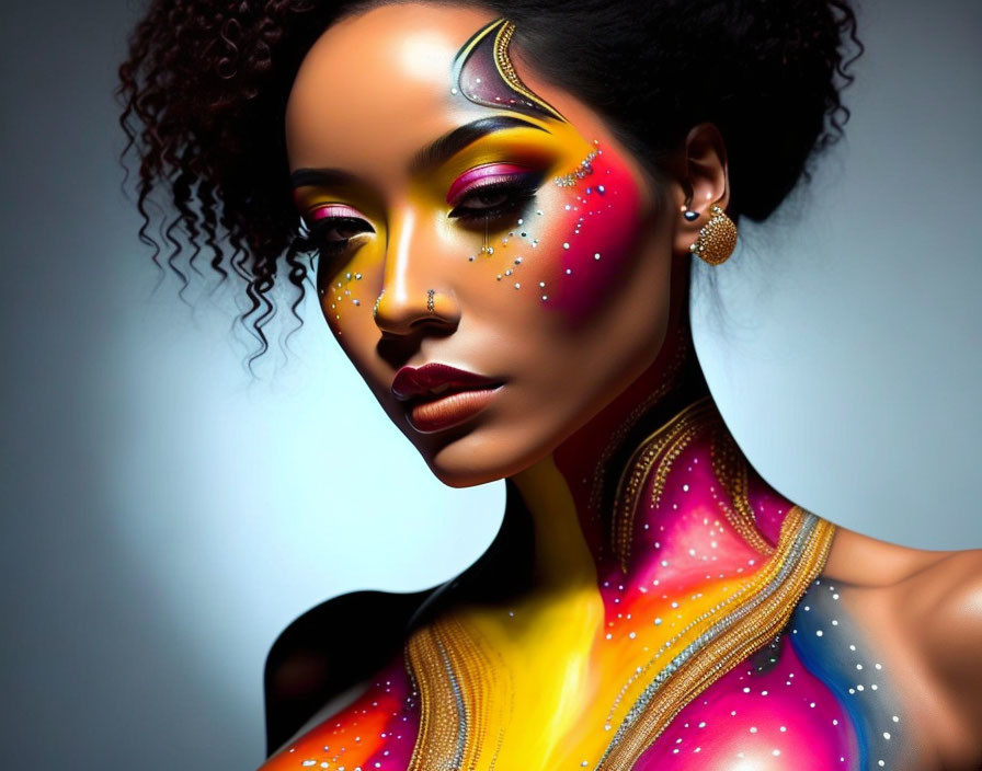 Woman with vibrant cosmos-themed body paint and curly hair.