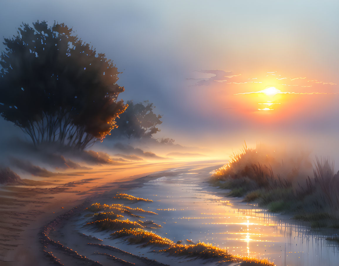 Tranquil sunset scene with golden hues on wet path and misty orange sky