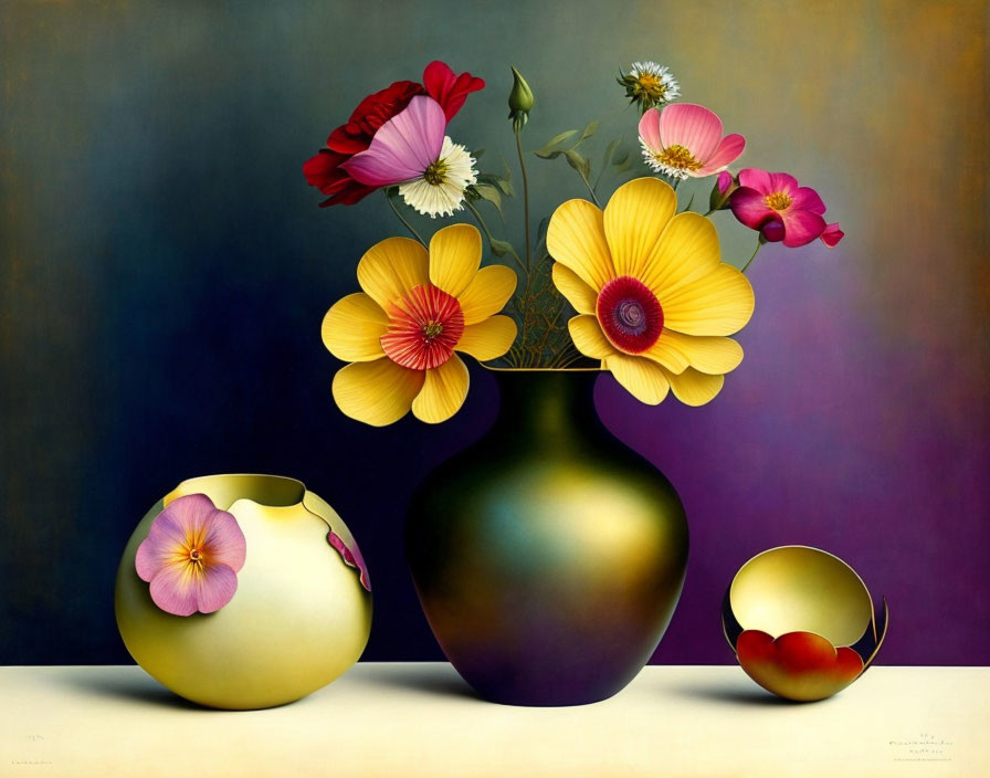 Dark vase with vibrant flowers in still life painting