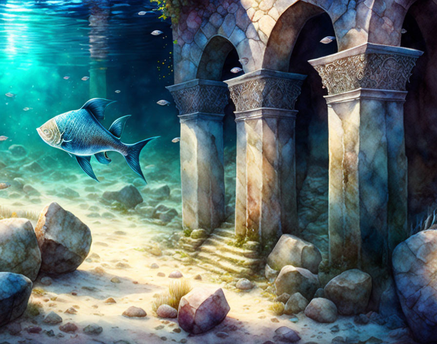 Large fish swimming near ancient ornate pillars in underwater scene