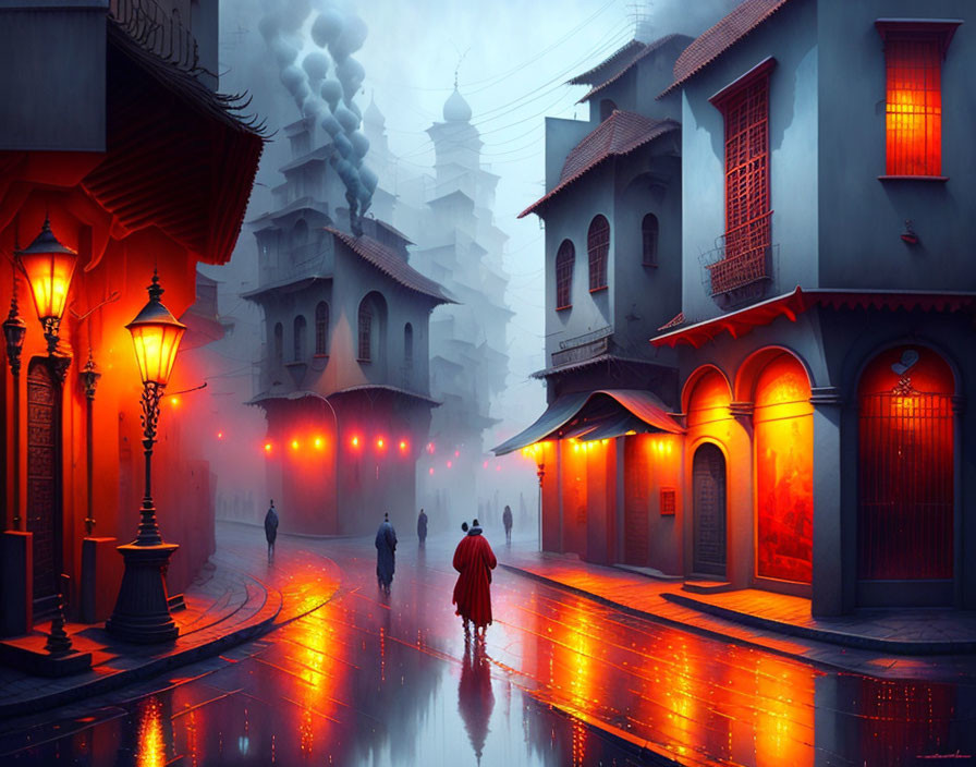 Person in red cloak on misty, lamp-lit street with vibrant blue and red buildings