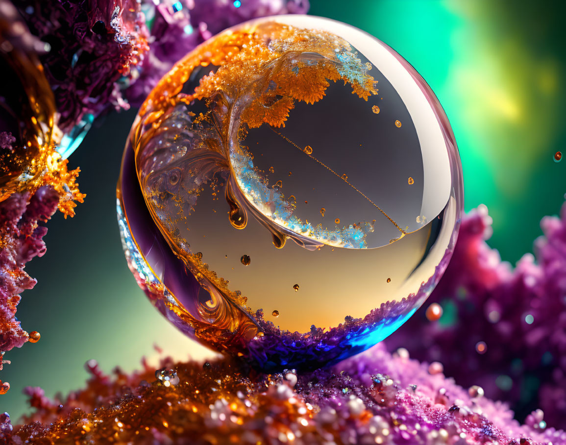 Colorful close-up of glossy sphere reflecting orange and purple fantasy landscape