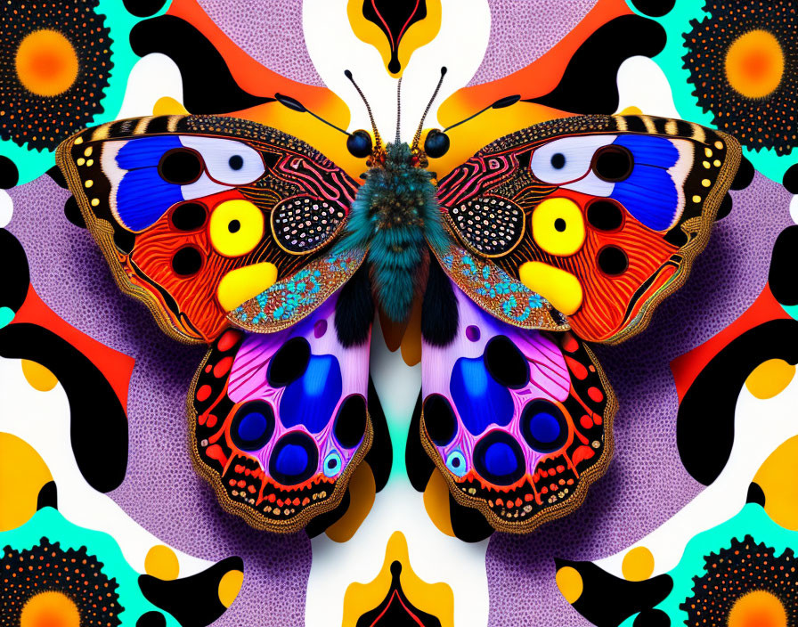 Symmetrical, colorful butterfly on dotted background