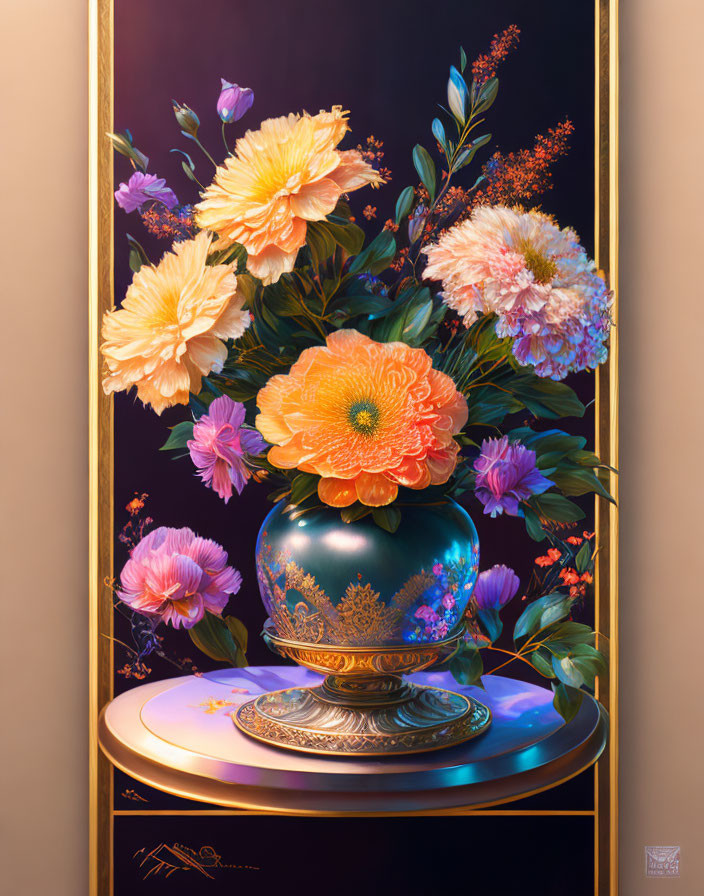 Colorful Flower Bouquet Still Life Painting with Ornate Vase