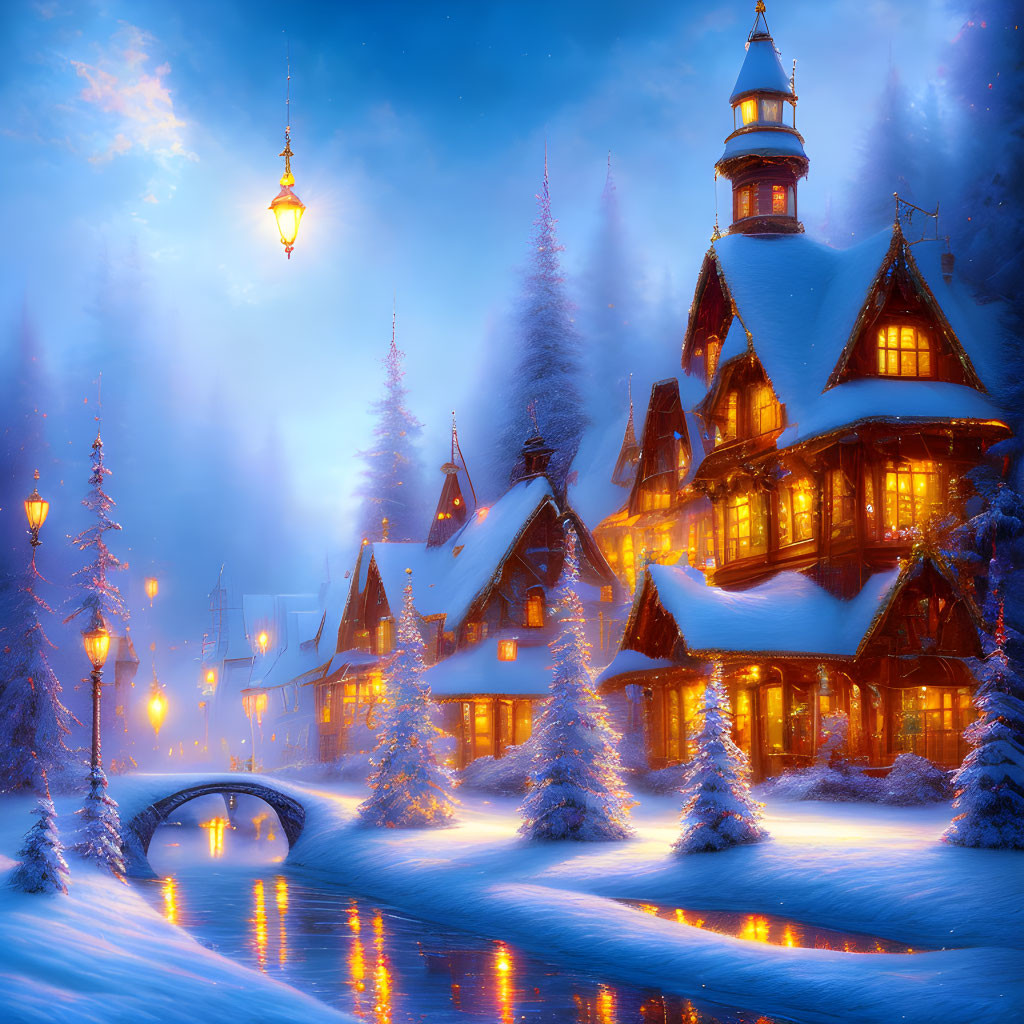 Snow-covered village with illuminated cottages and trees under twilight sky