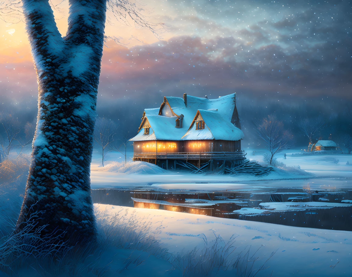 Snow-covered house by frozen river in serene winter landscape