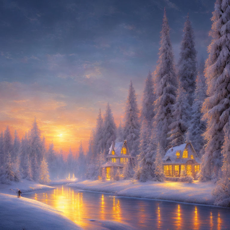 Snow-covered trees, cozy cabins, river at sunset, person walking