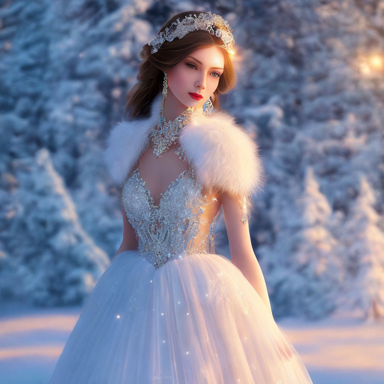 Woman in white gown with fur shawl and tiara in snowy forest at dusk