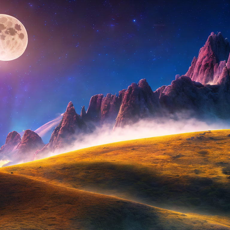 Fantasy landscape with misty spires, moon, stars, and twilight horizon