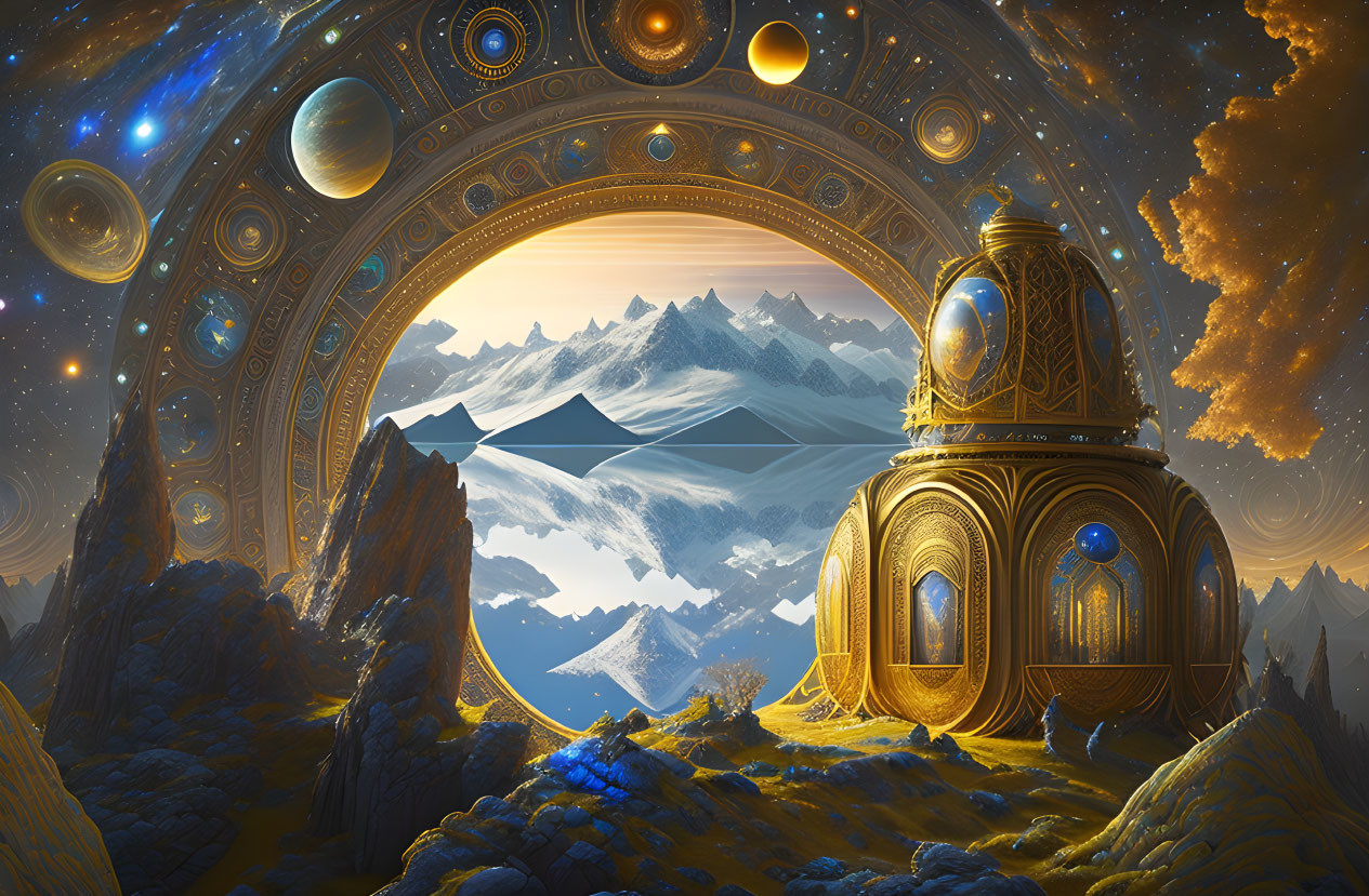 Fantastical Landscape with Golden Structures, Snowy Mountains, and Celestial Archway