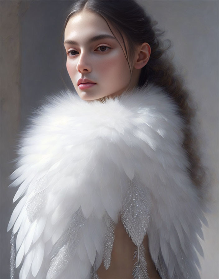 Dark-haired woman in white feathered wings garment, thoughtful expression