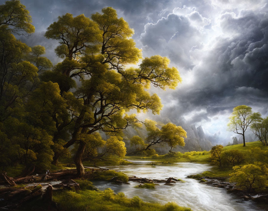 Lush forest landscape with river under stormy sky