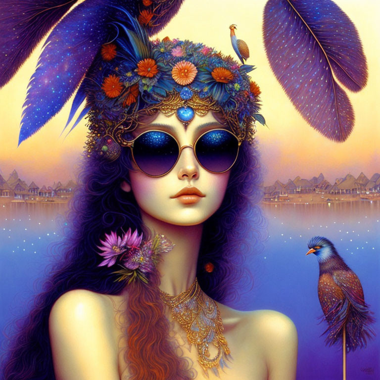 Violet-haired woman in round sunglasses with headdress and peacock by lakeside village